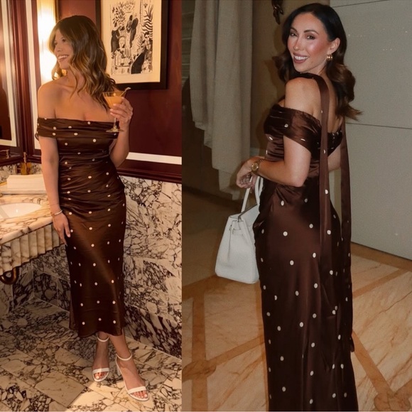 LPA Luisa Polka Dot Midi Dress Detachable Scarf Brown Cream NEW with tags! - Picture 2 of 13